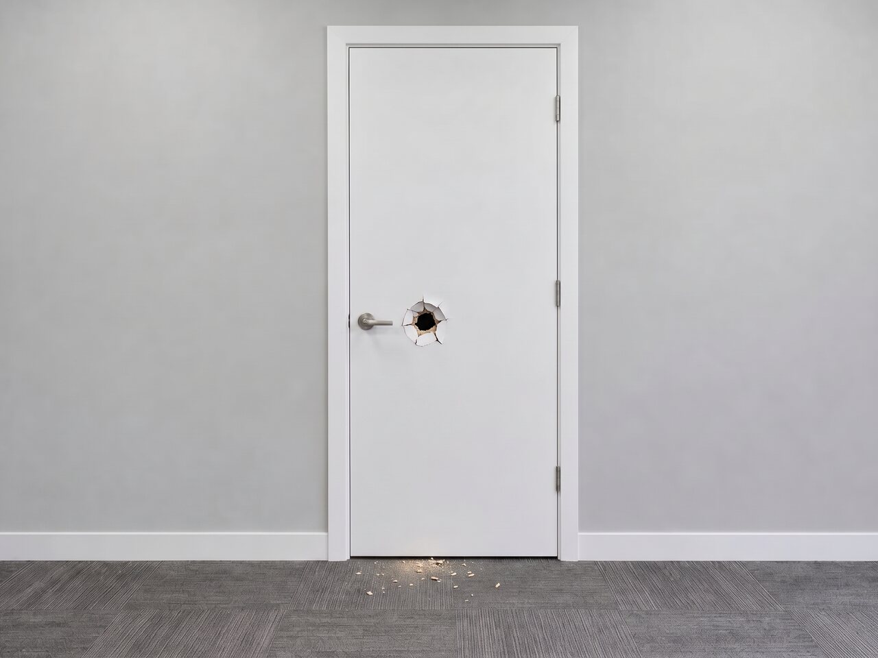 Before: Office door — hole patched