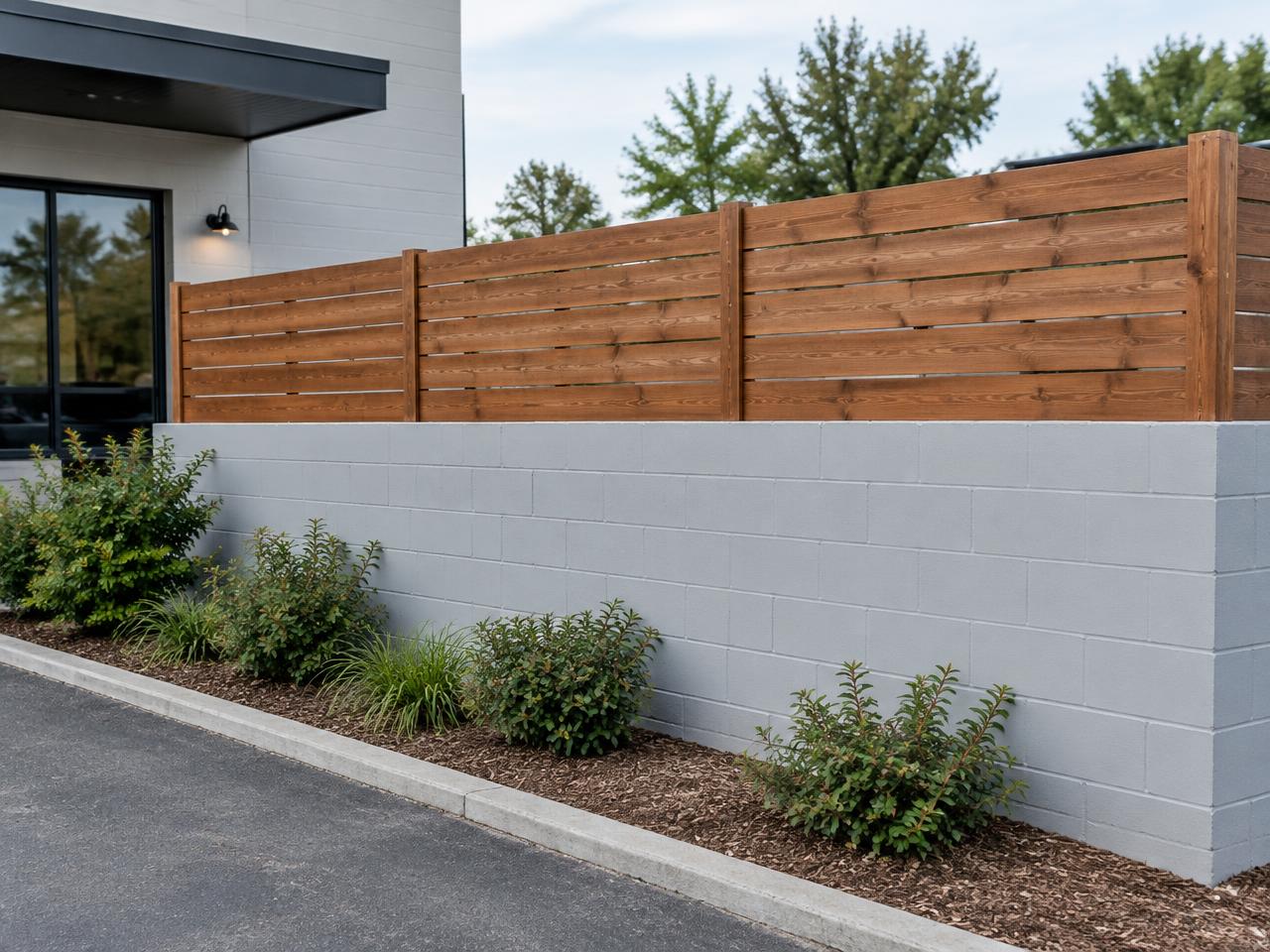 After: Back lot — painted block wall, wood on top