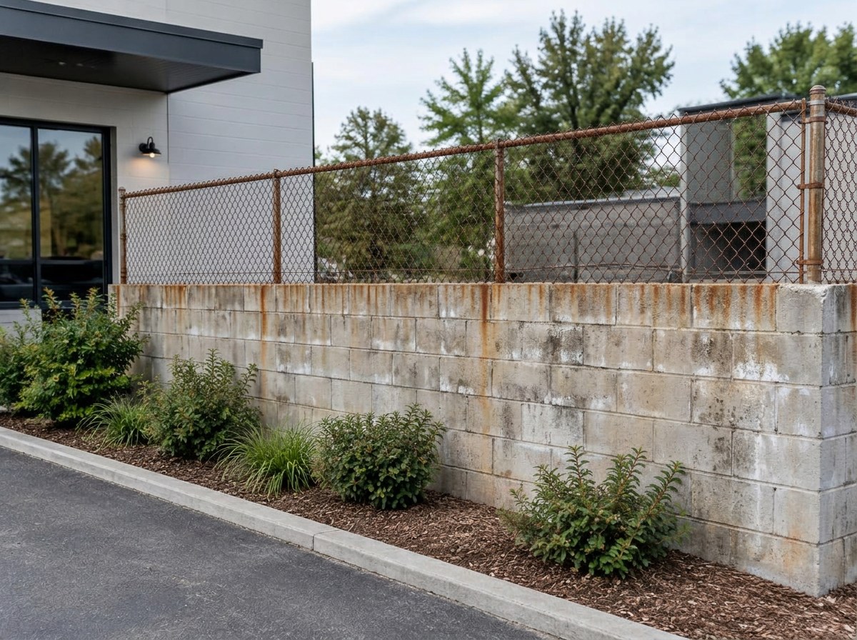 Before: Back lot — painted block wall, wood on top