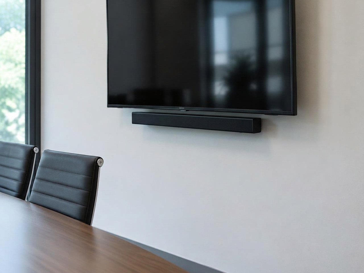 After: Conference room — TV wires in the wall, soundbar added