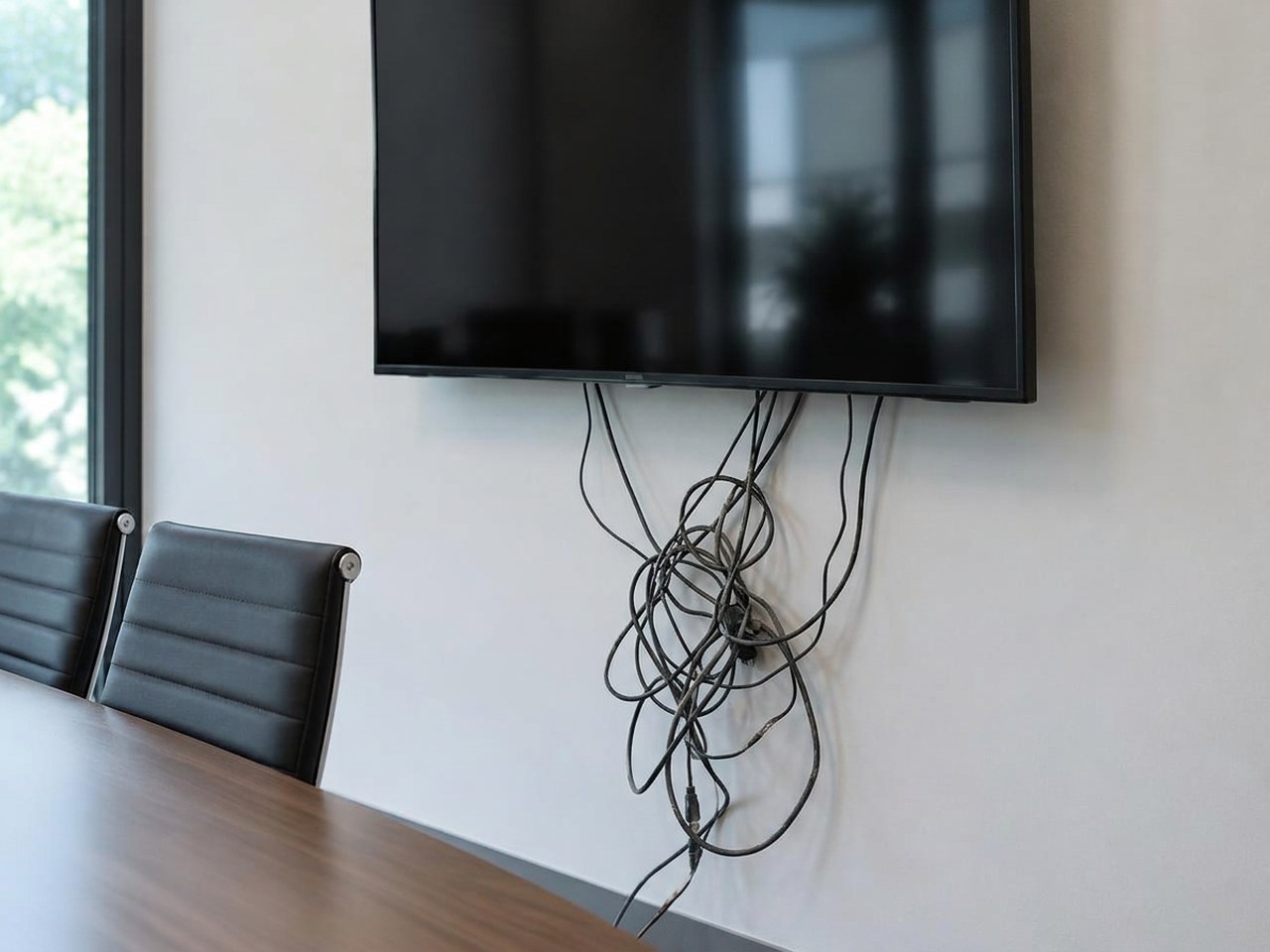 Before: Conference room — TV wires in the wall, soundbar added